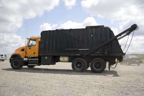 A large industrial rubbish removal truck parked outdoors on a gravel surface with a blue sky and scattered clouds in the background. The truck has a bright yellow cab with black accents and a black rear container used for waste collection, featuring a textured metal surface and a hydraulic lifting arm extending from the back. The vehicle is positioned in a spacious, open setting, likely near a commercial or industrial area in Hendon, with other vehicles faintly visible in the distance. The scene suggests an active waste collection operation typical of commercial rubbish disposal services provided by companies like Commercial Waste Removal Hendon. The overall environment appears clean and well-maintained, with the truck ready to load or offload waste materials. The image emphasizes the vehicle's size and purpose, central to waste removal activities within the local area.